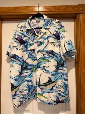 High Seas Men's Hawaiian Marlin Print Shirt White Blue Green Size Mens XXL